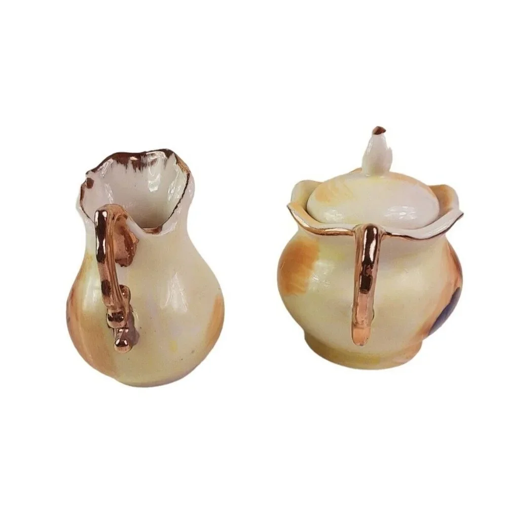 Vintage Enesco Porcelain Creamer and Sugar Bowl Set Hand Painted Fruit Design/GC